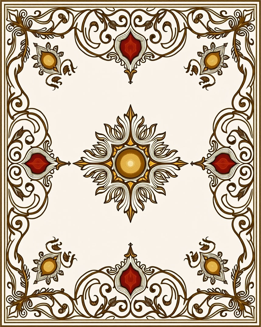 Ornate Burgundy and Gold Scrollwork Rug
