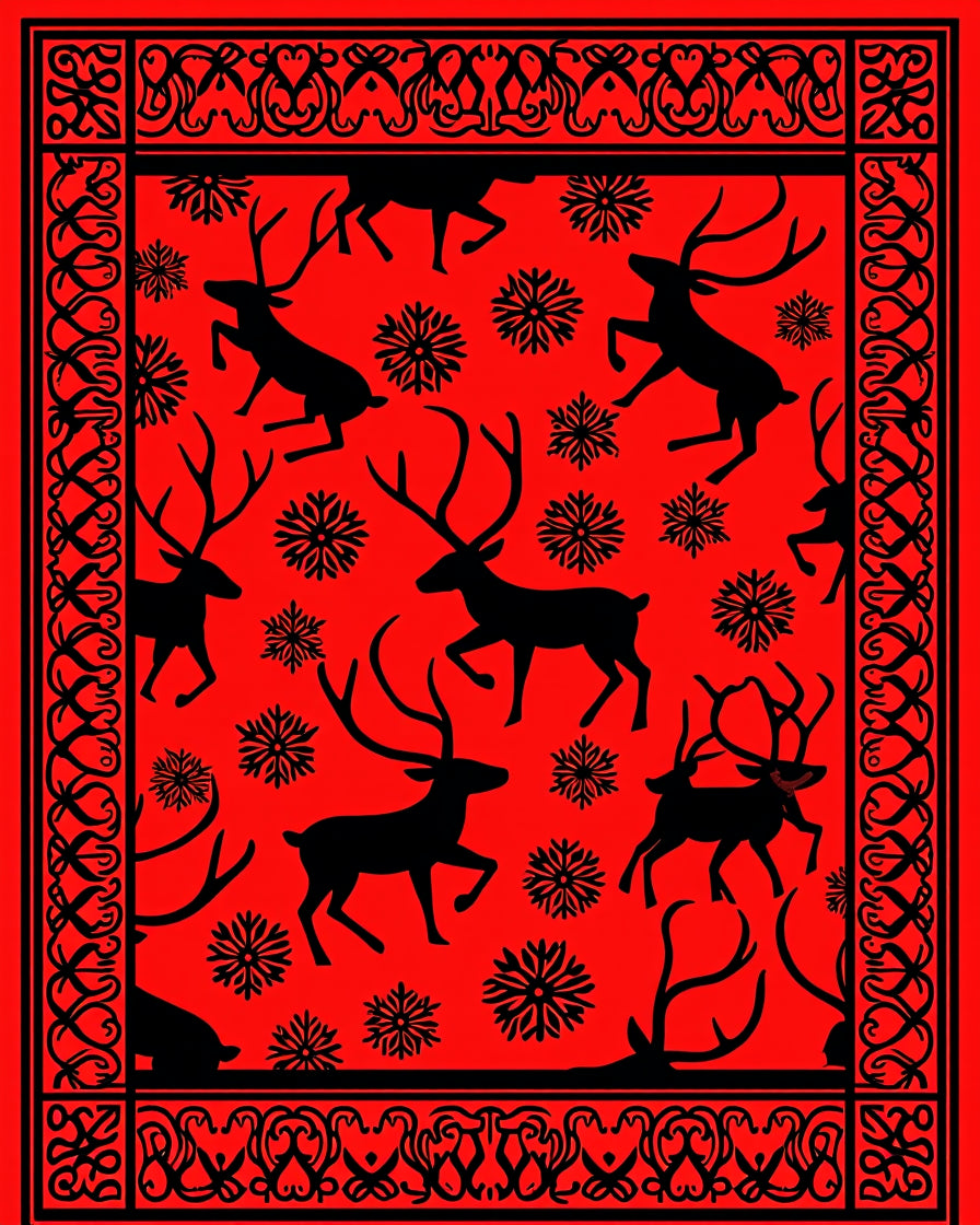Red Black Reindeer Snowflake Border Rug