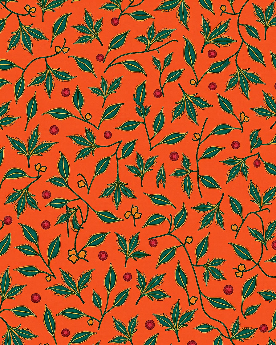 Vibrant Orange Green Leaf Berry Rug