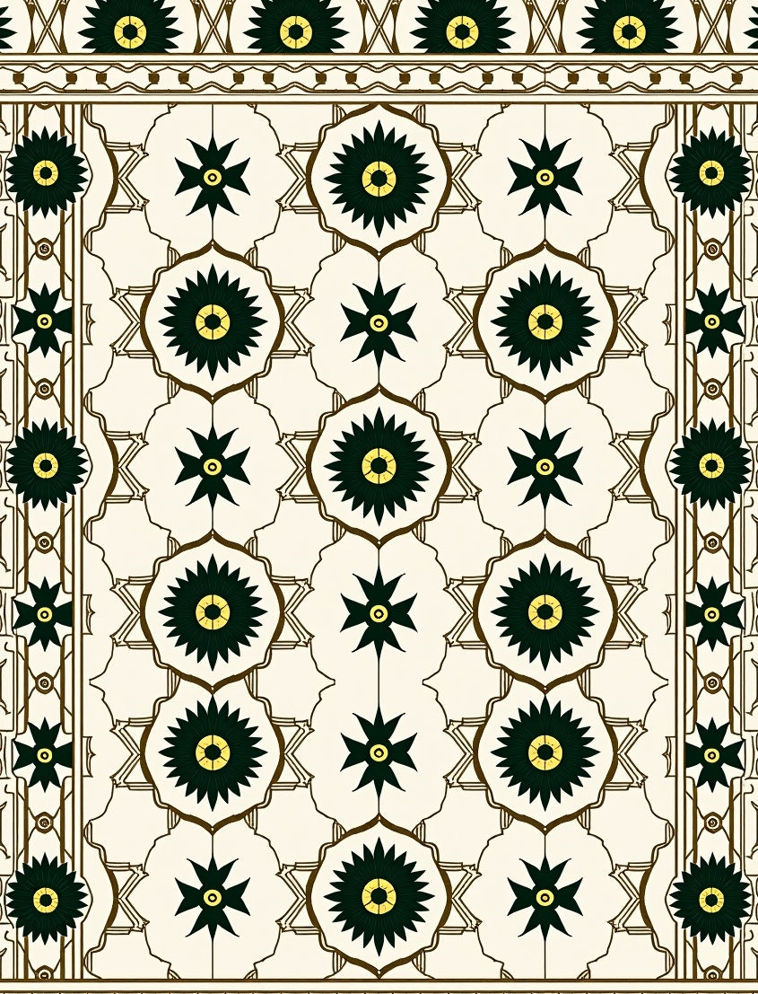 Cream Green Floral Starburst Medallion Rug
