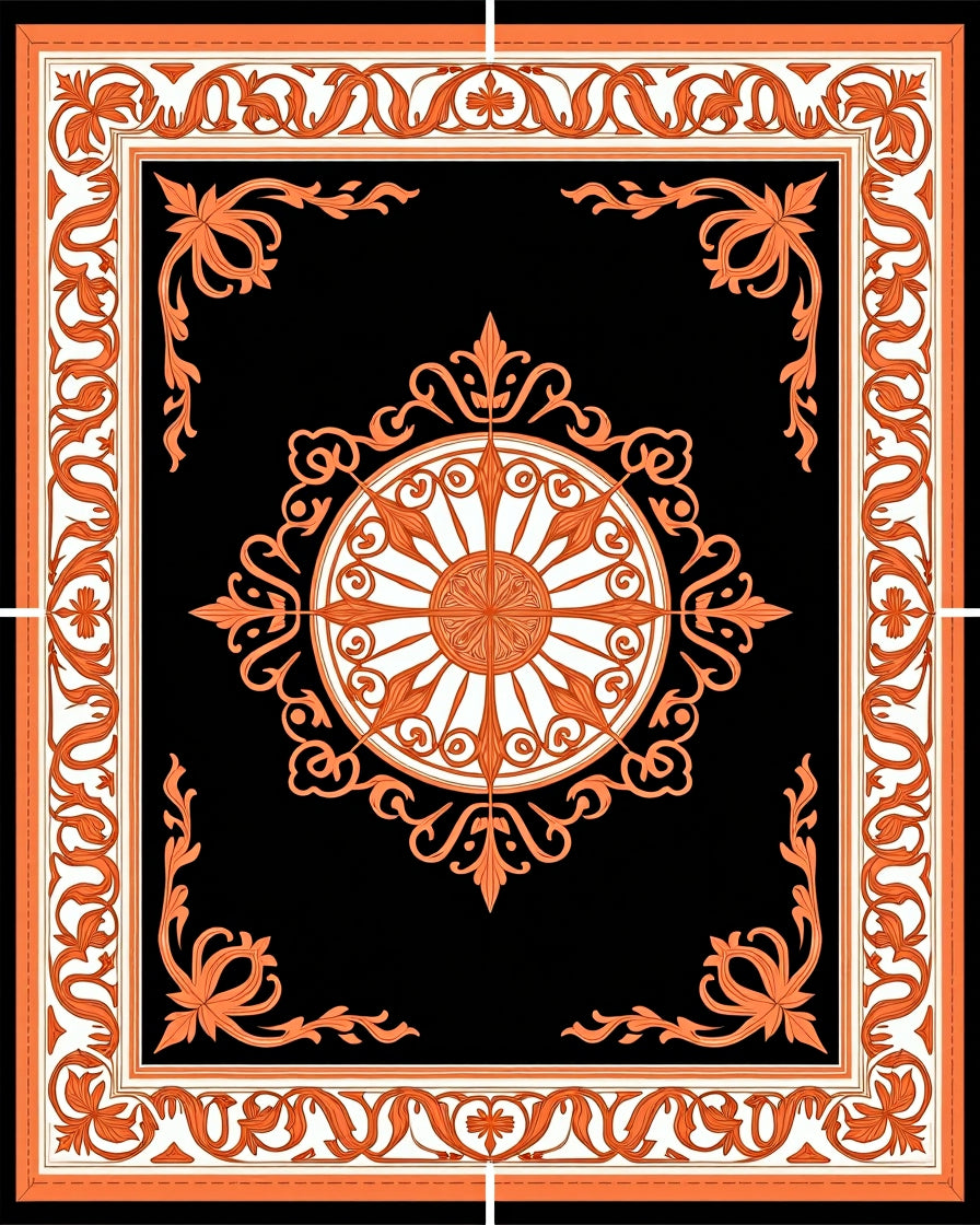 Orange Floral Medallion Black Rug