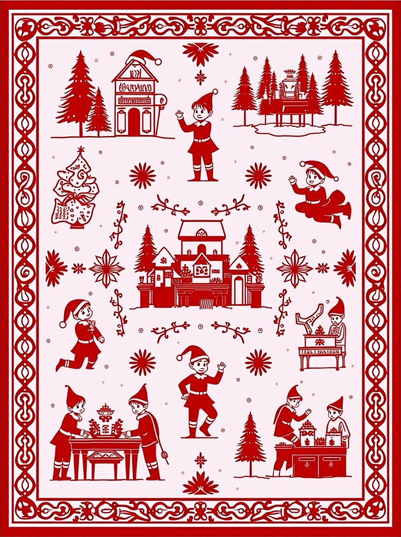 Crimson Christmas Elves Village Scenes Rug