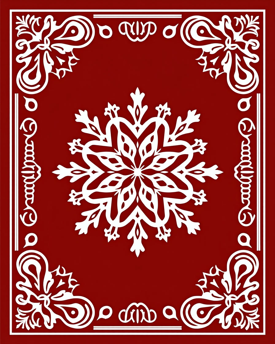 Crimson Red Snowflake Medallion Border Rug