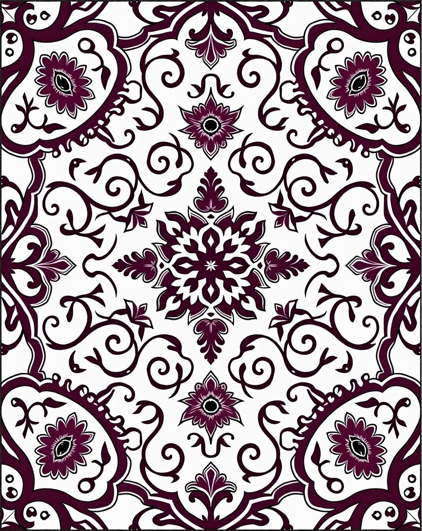 Deep Plum Floral Medallion Scrollwork Rug