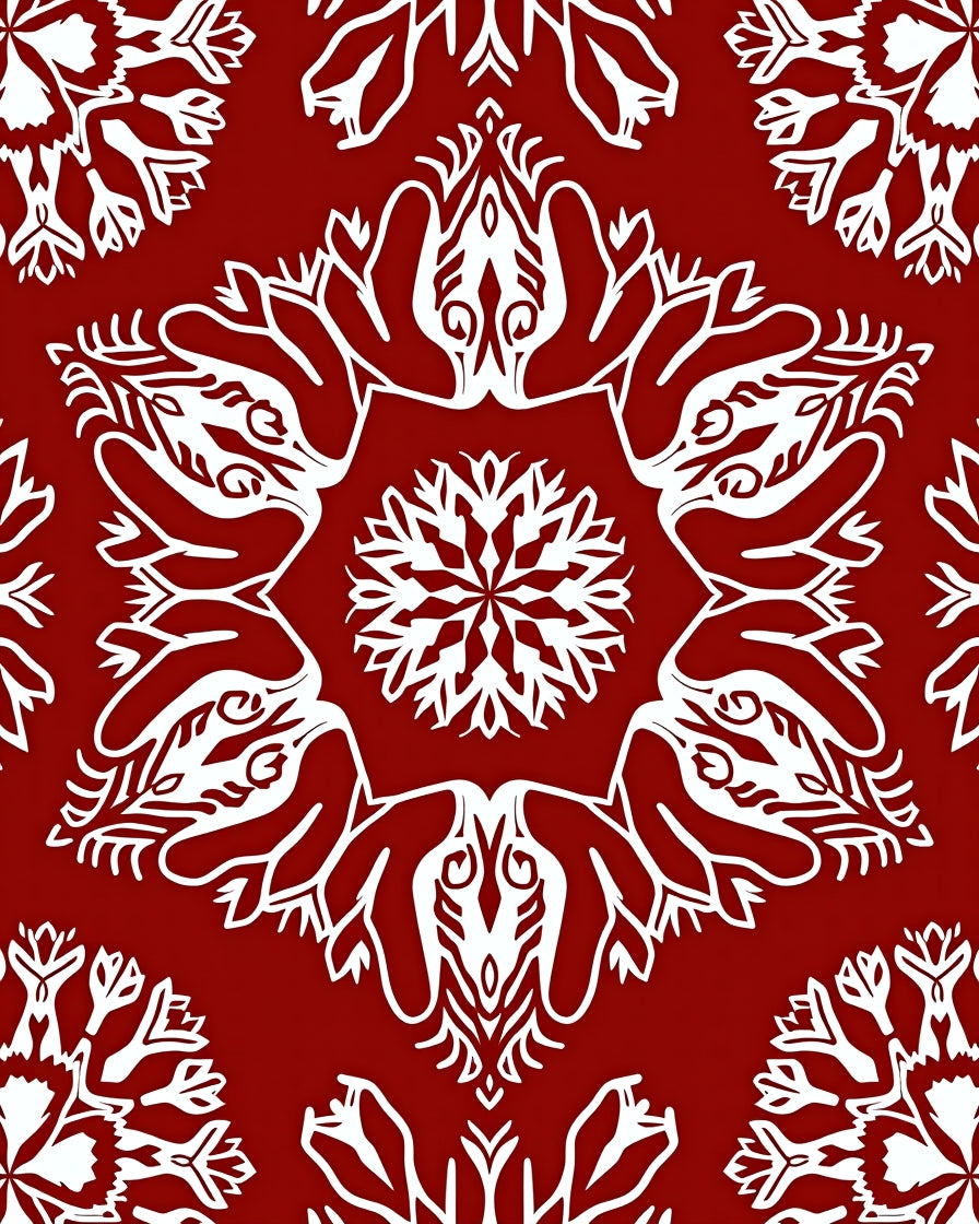 Crimson White Stylized Snowflake Mandala Rug