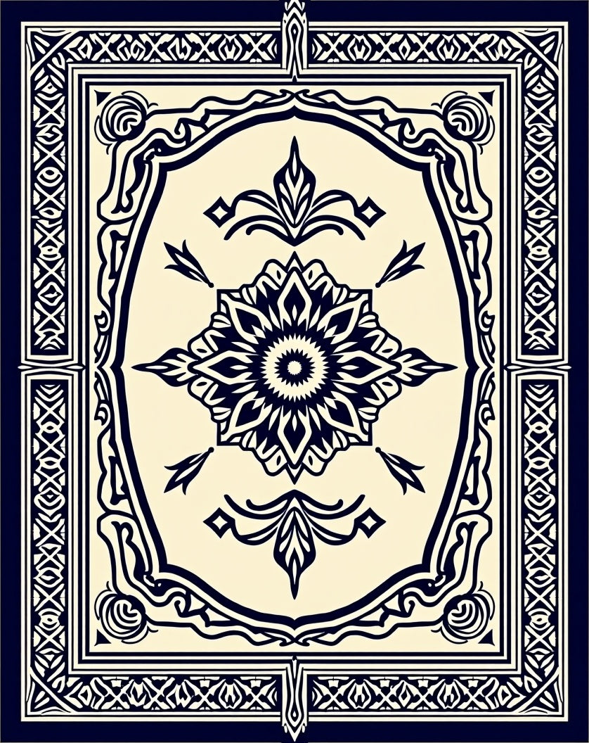 Deep Navy Floral Medallion Frames Rug