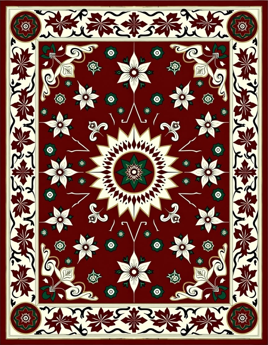 Deep Red Floral Medallion Arrangement Rug