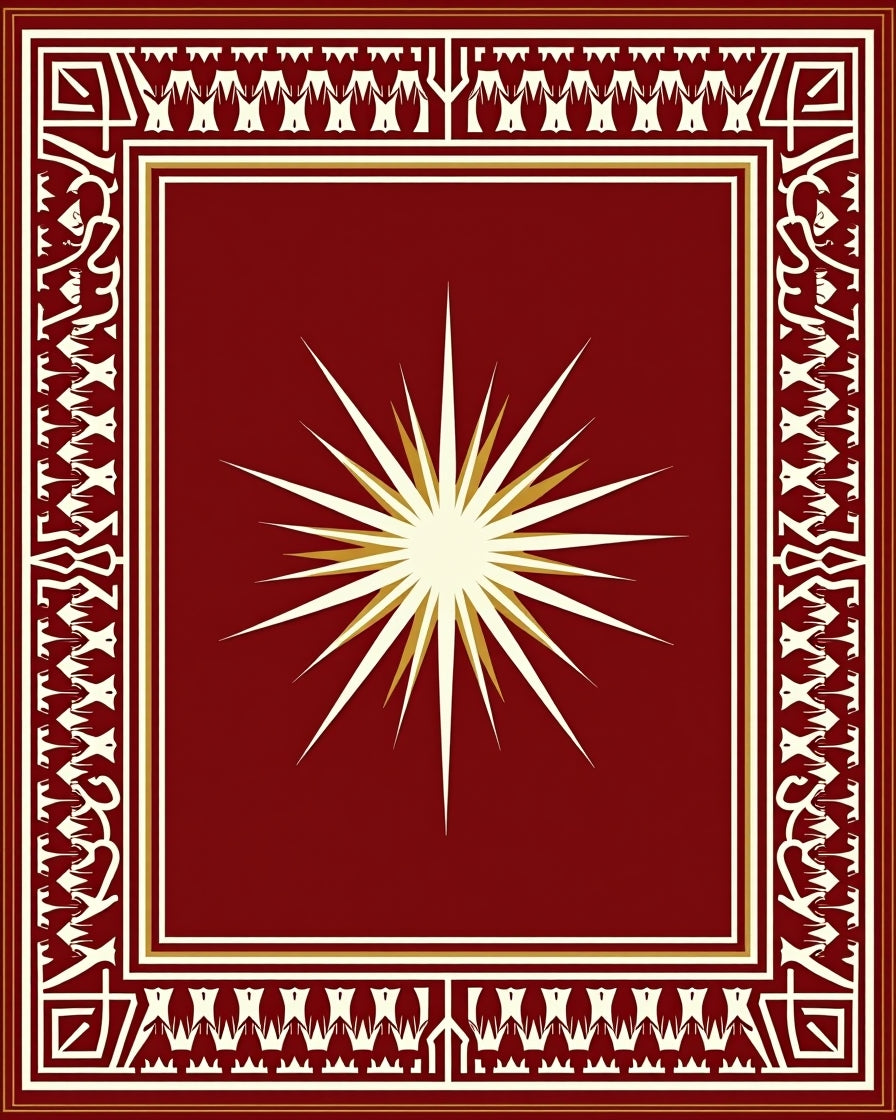 Crimson Sunburst Geometric Border Rug