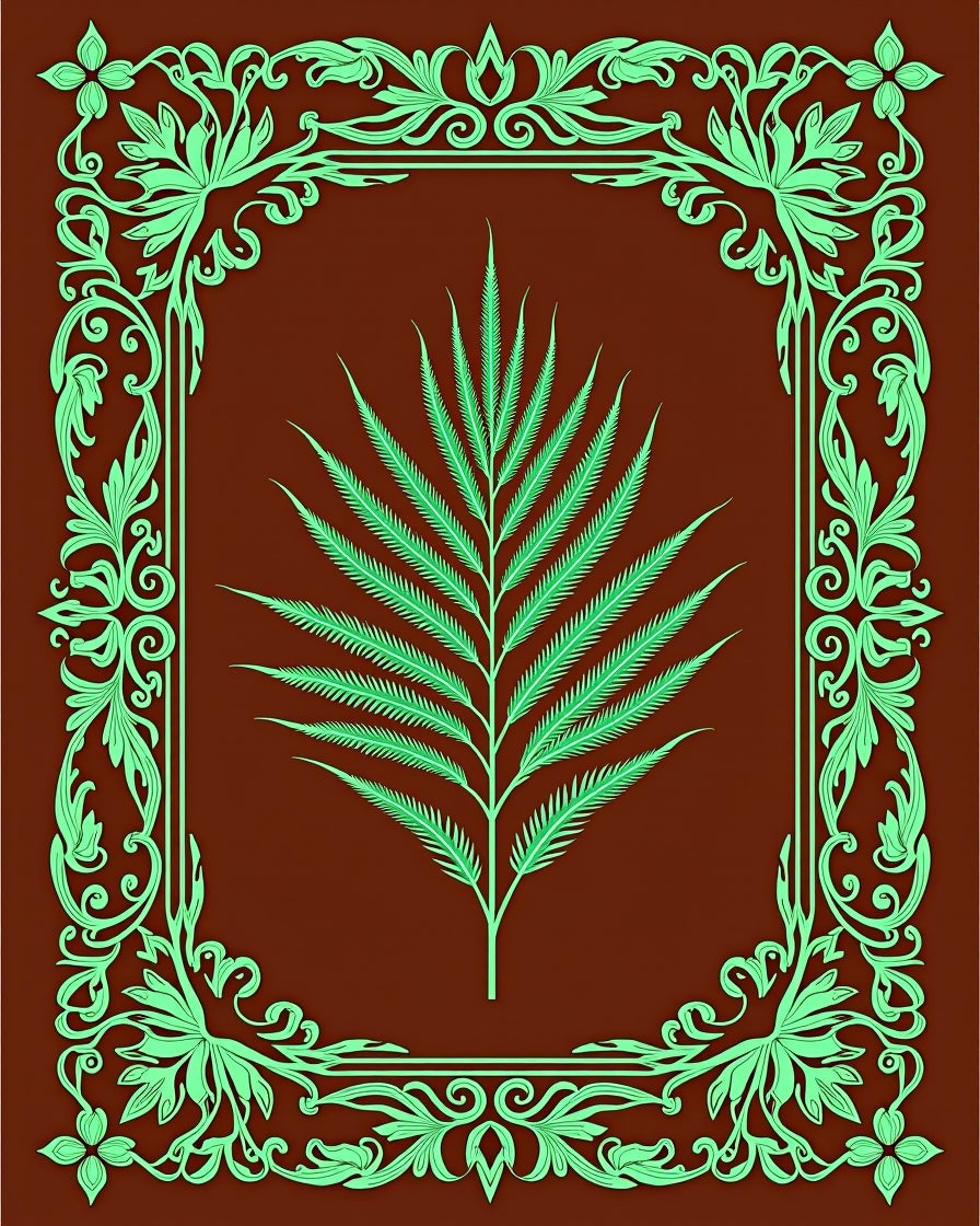 Lush Green Fern Art Nouveau Border Rug