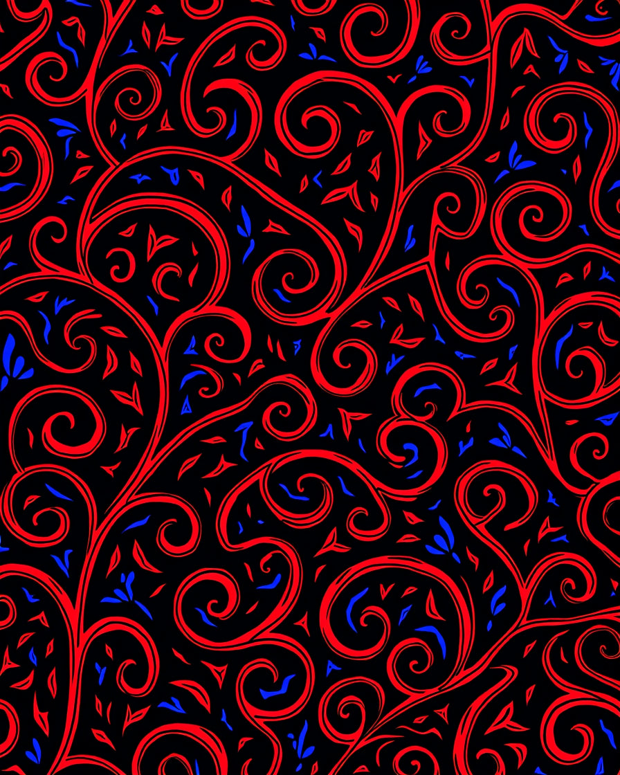 Red Blue Swirl Vine Black Rug