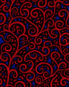 Red Blue Swirl Vine Black Rug