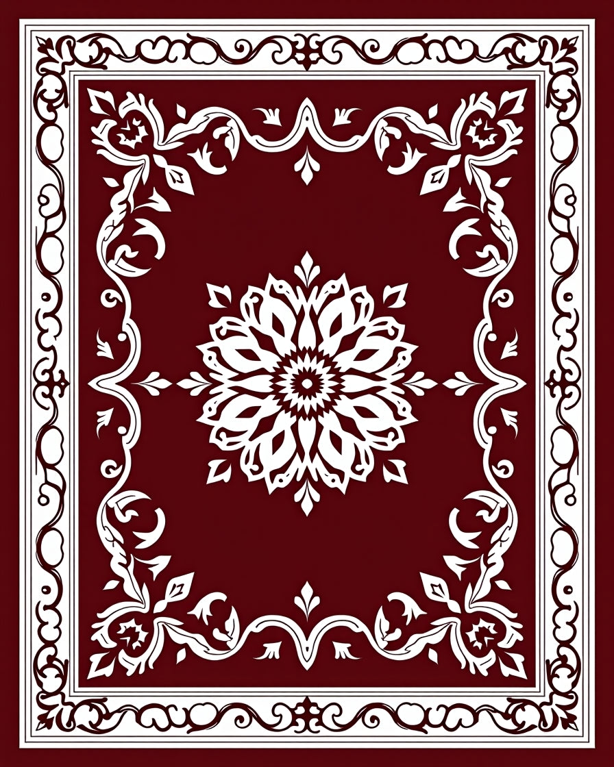 Deep Red Floral Medallion Border Rug