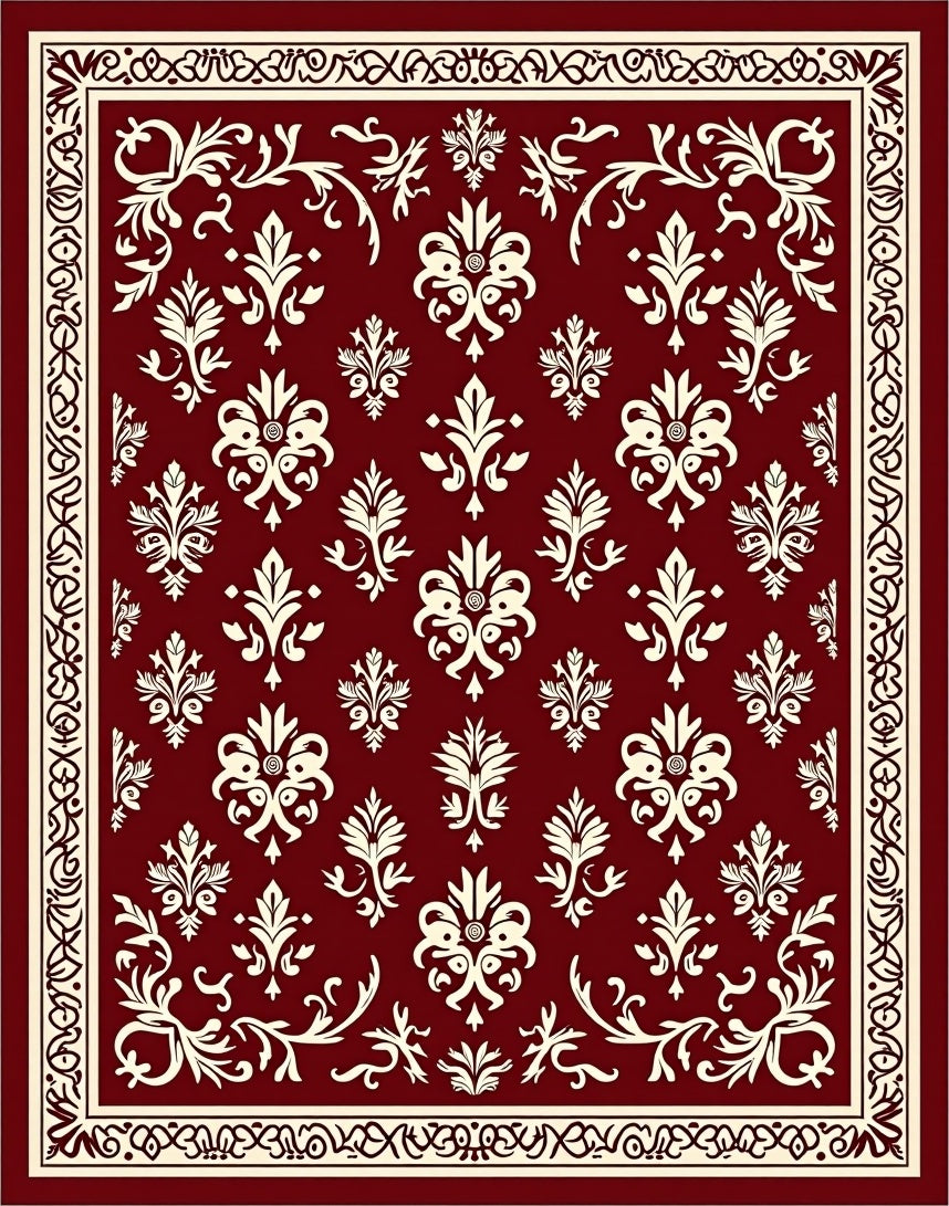 Crimson Ivory Floral Damask Rug