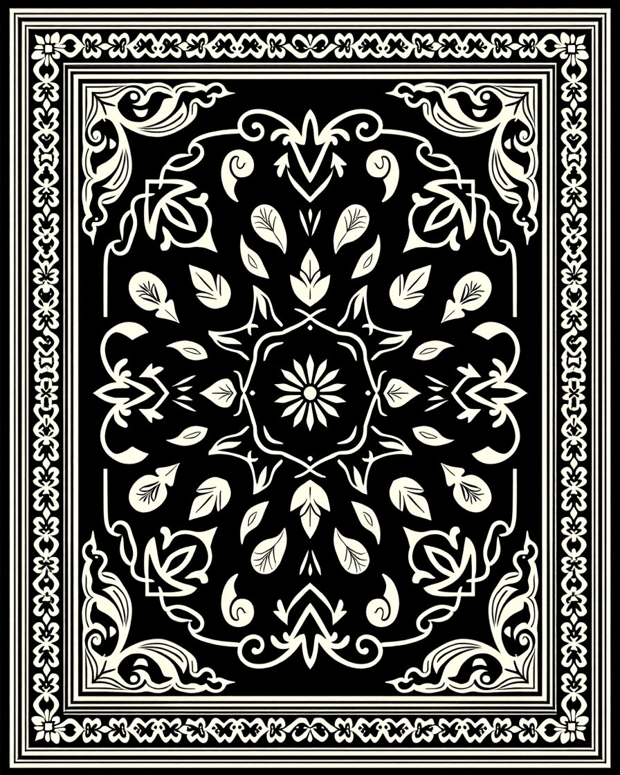 Cream and Black Floral Medallion Border Rug