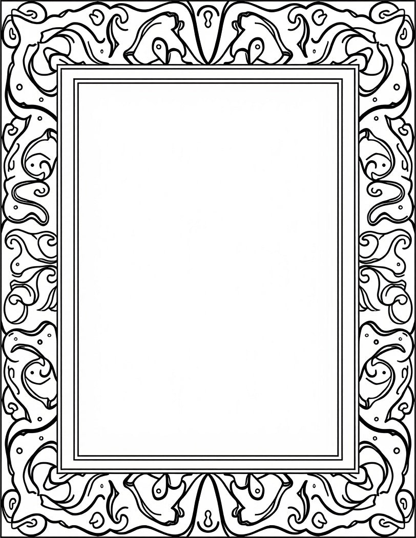 Black White Art Nouveau Scroll Border Rug