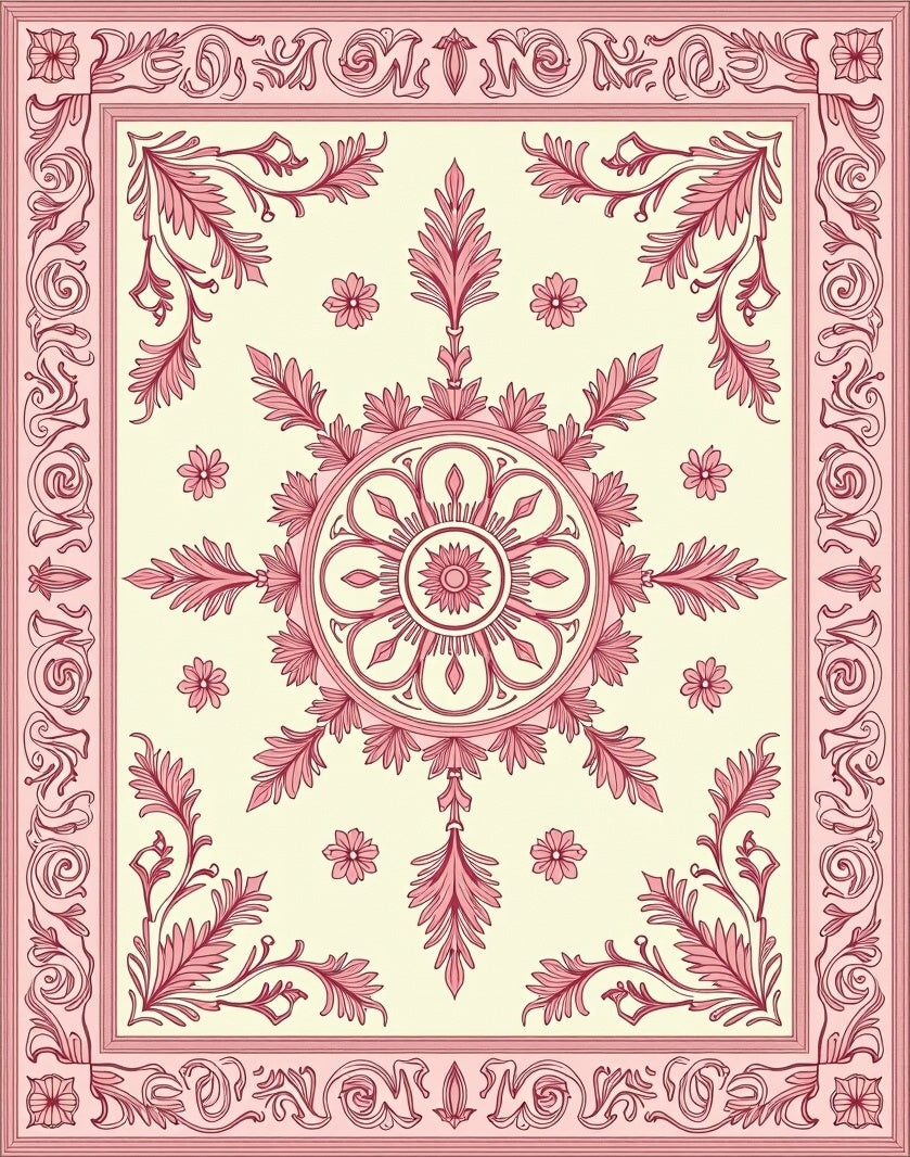 Traditional Pink Floral Medallion Cream Rug