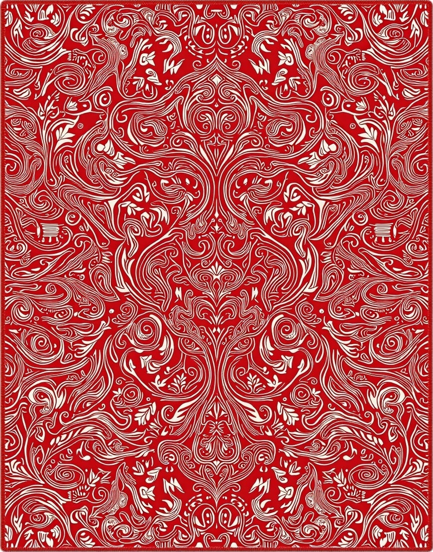 Crimson White Ornate Scrollwork Rug