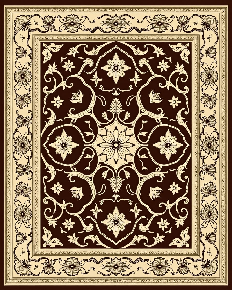 Dark Brown Beige Floral Medallion Rug