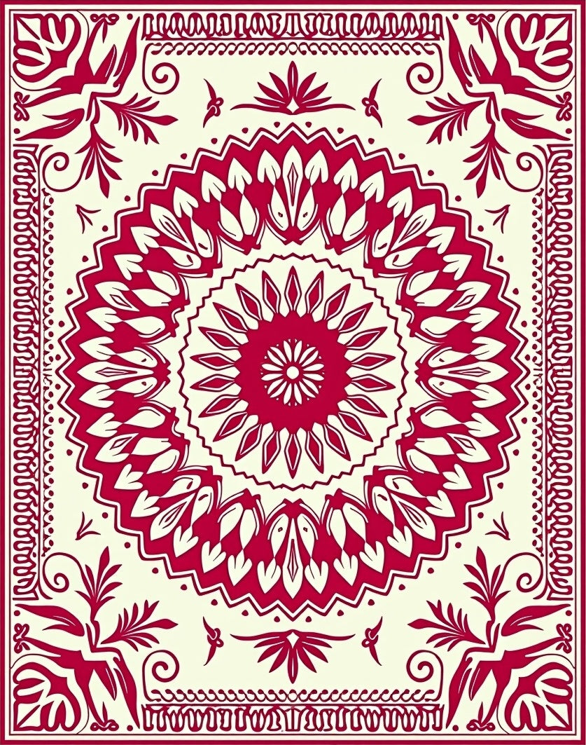 Crimson Medallion Floral Border Rug