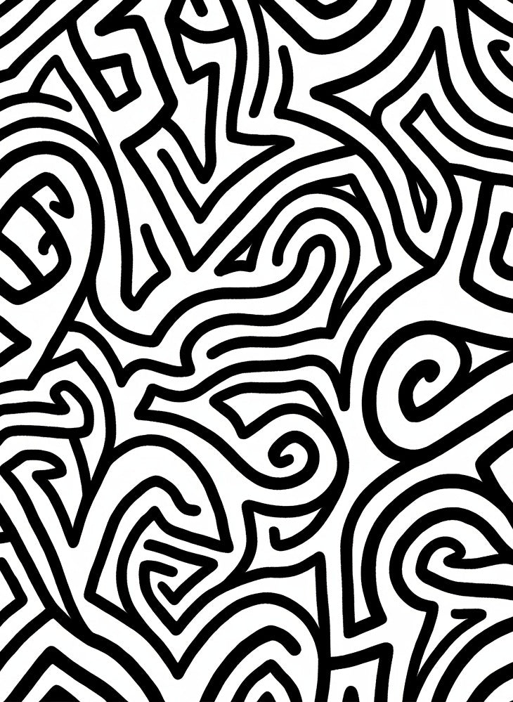 Abstract Black White Curly Lines Rug
