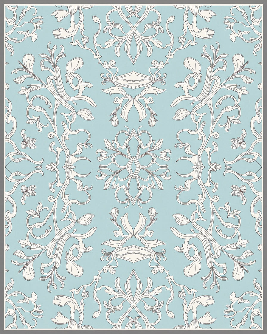 Light Blue White Floral Arabesque Swirl Rug