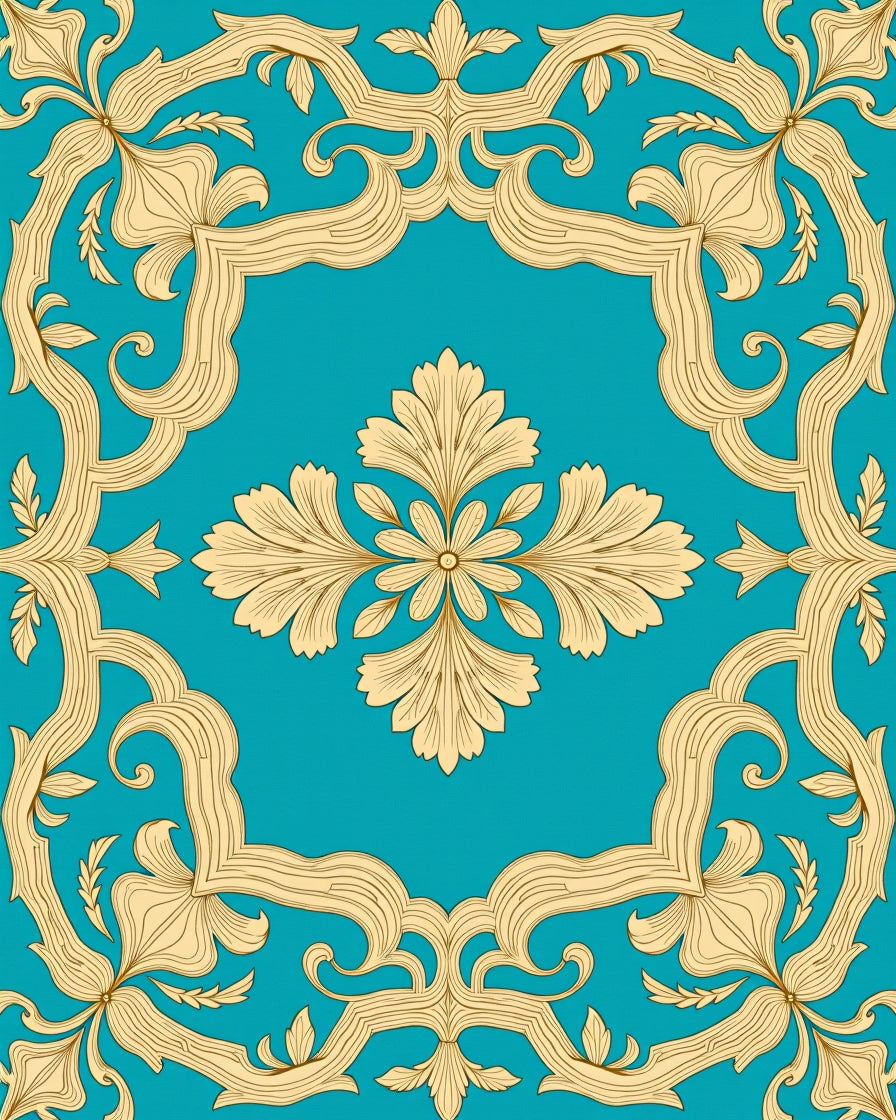 Golden Floral Medallion on Teal Background Rug