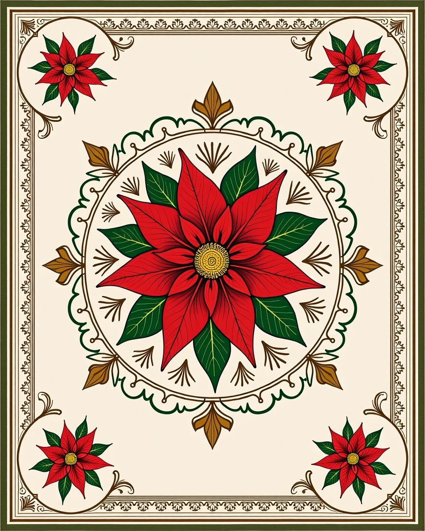 Red Poinsettia Floral Medallion Rug