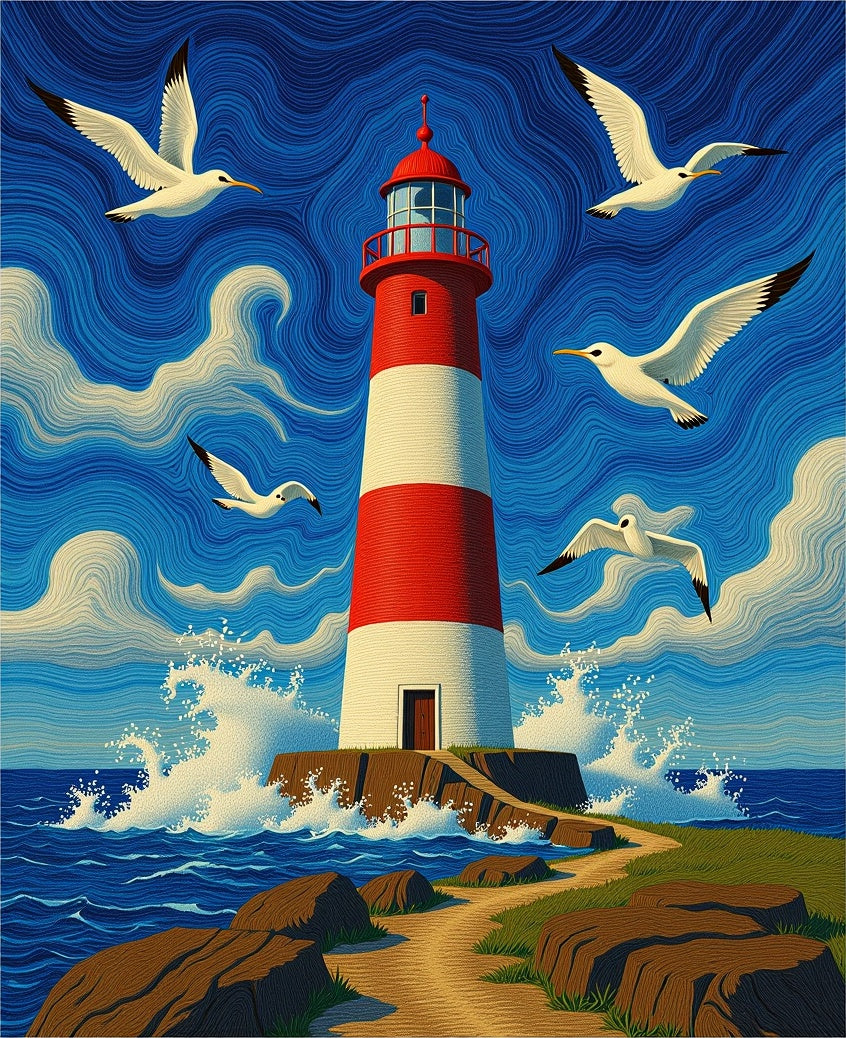 Coastal Red White Lighthouse Seagull Sky Rug