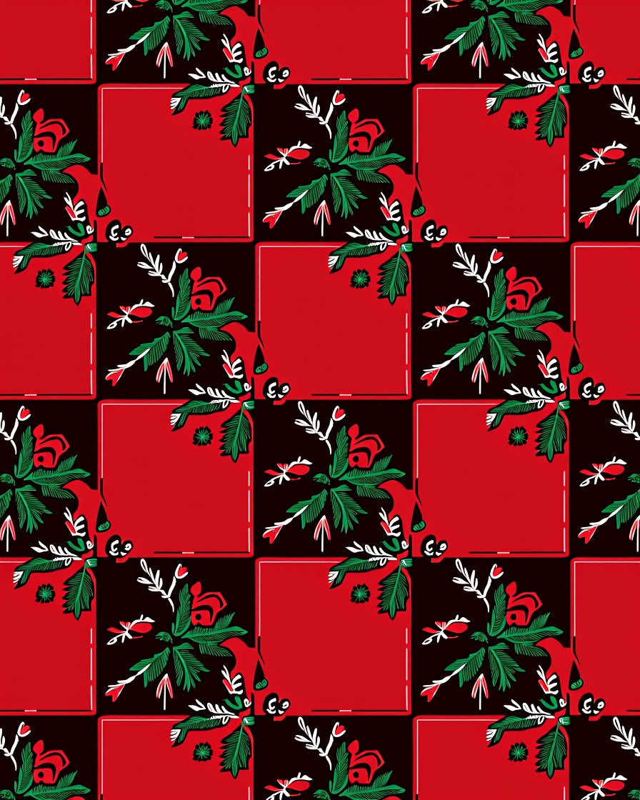 Crimson and Emerald Floral Checkered Rug
