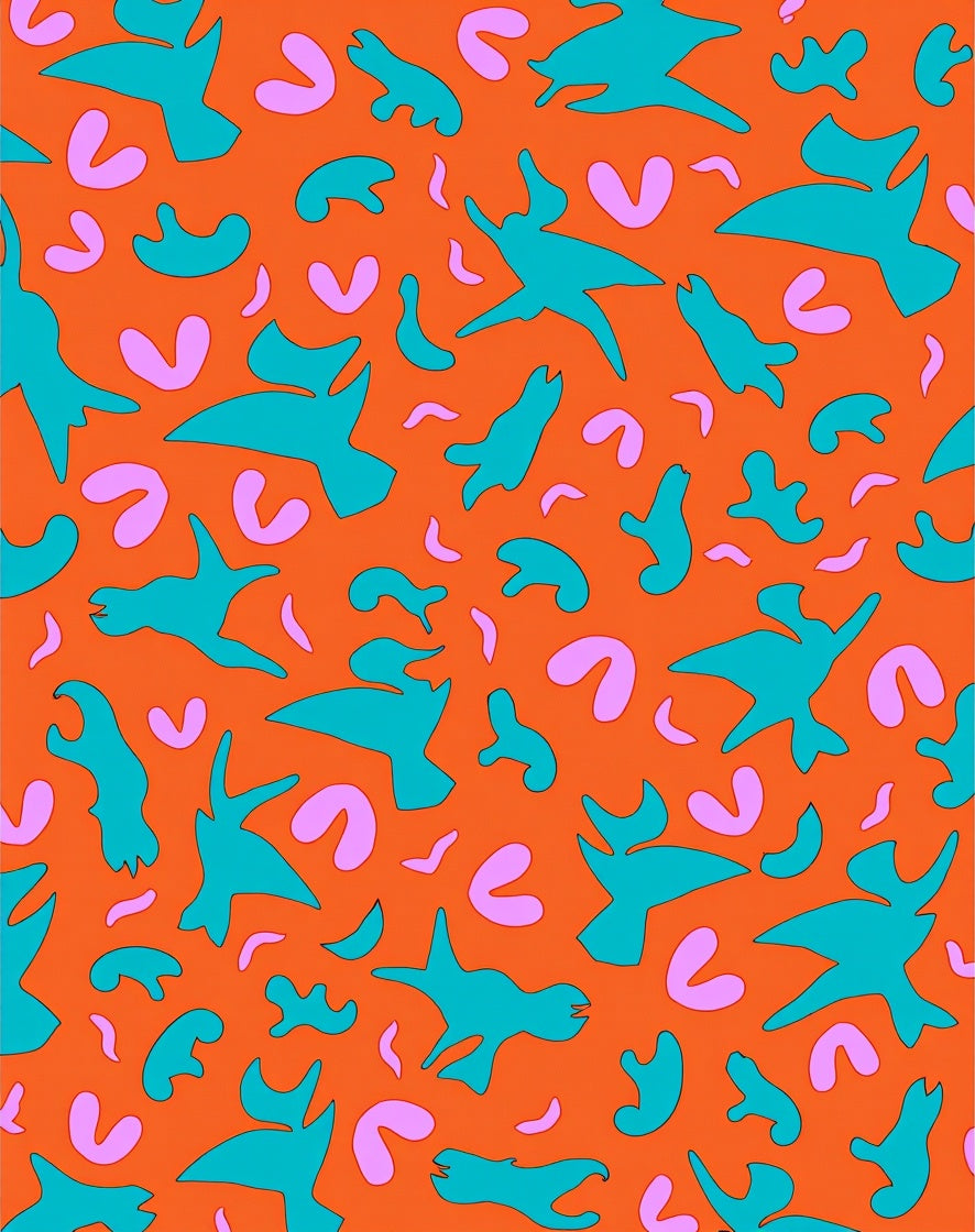 Retro Teal Birds Orange Pink Swirls Rug