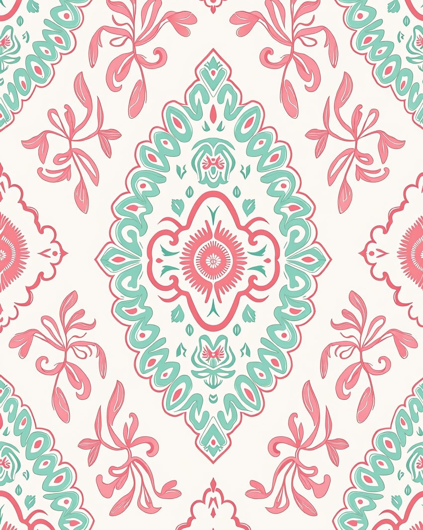 Coral Teal Damask Floral Medallion Rug