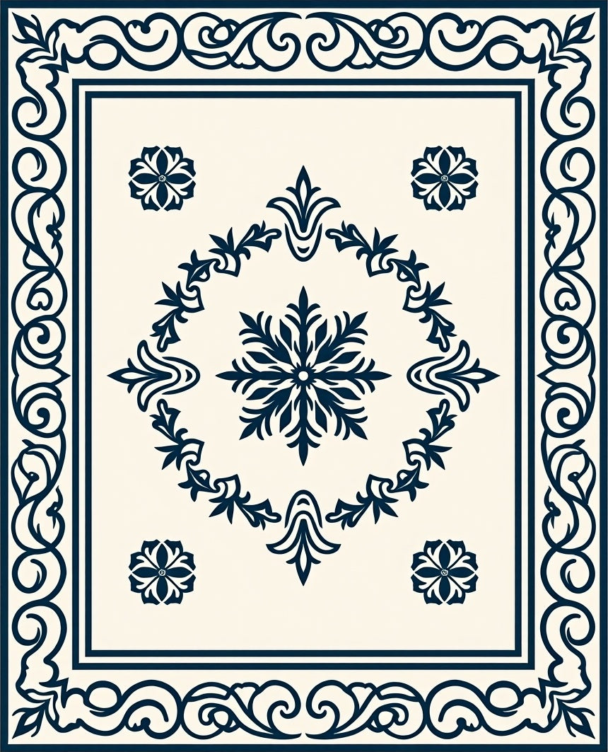 Navy Blue Floral Border Medallion Rug