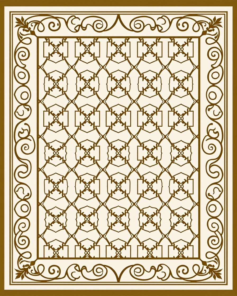 Brown Beige Lattice Scrollwork Frame Rug