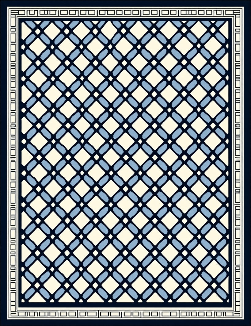 Navy Blue Lattice Cream Contemporary Rug