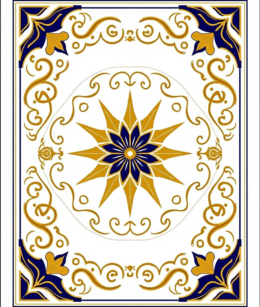 Golden Starburst Blue Floral Tile Rug