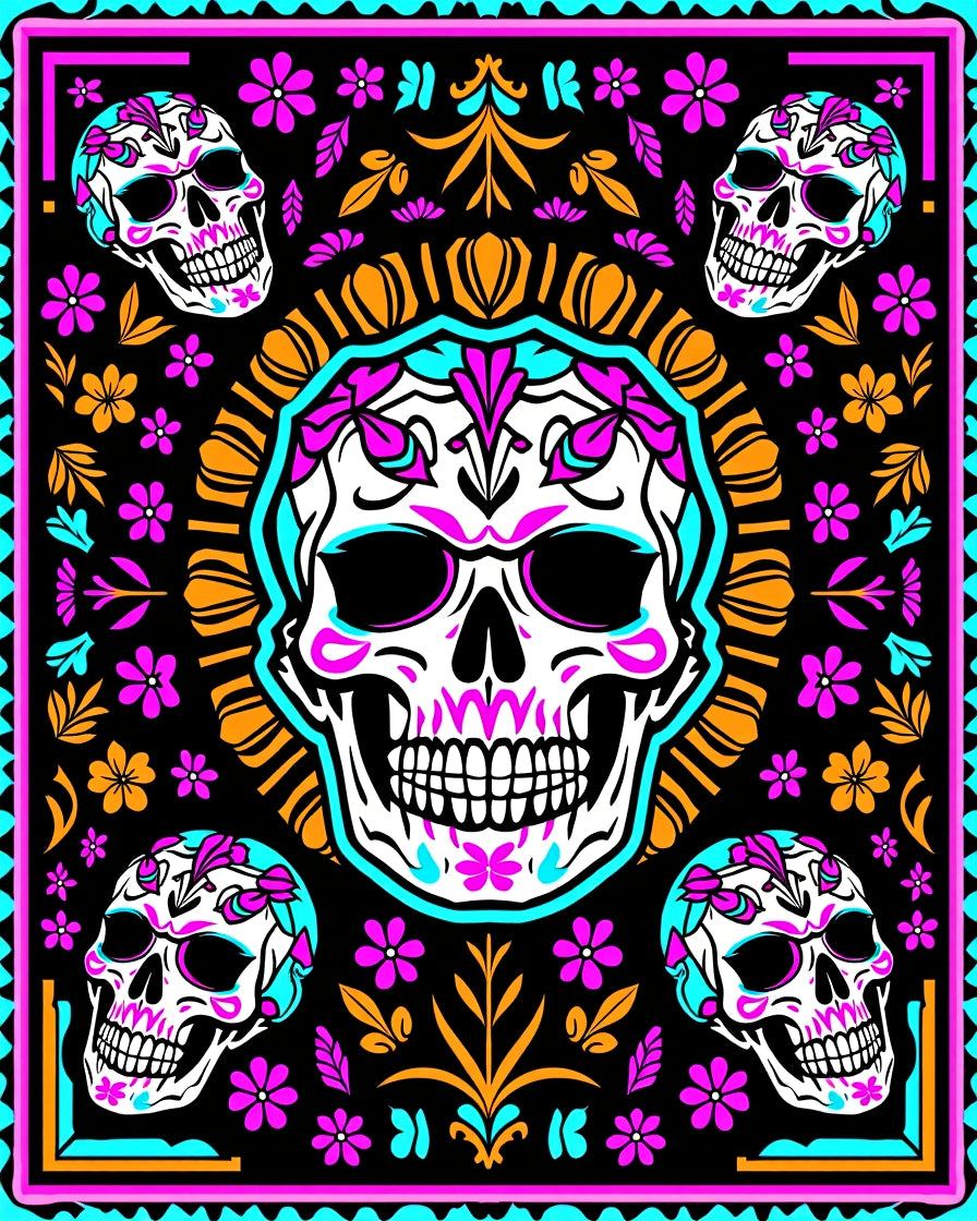 Vibrant Skull Floral Day Of Dead Rug