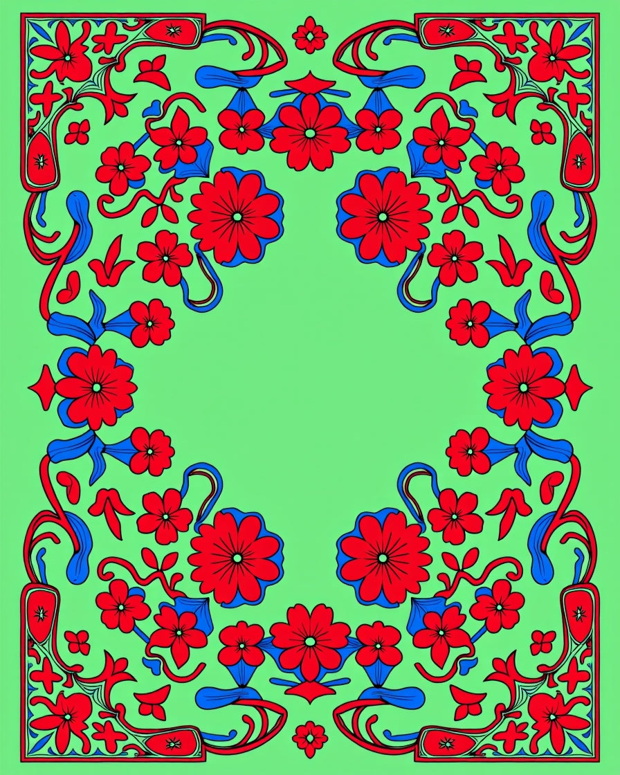 Vibrant Red Blue Floral Bloom Rug