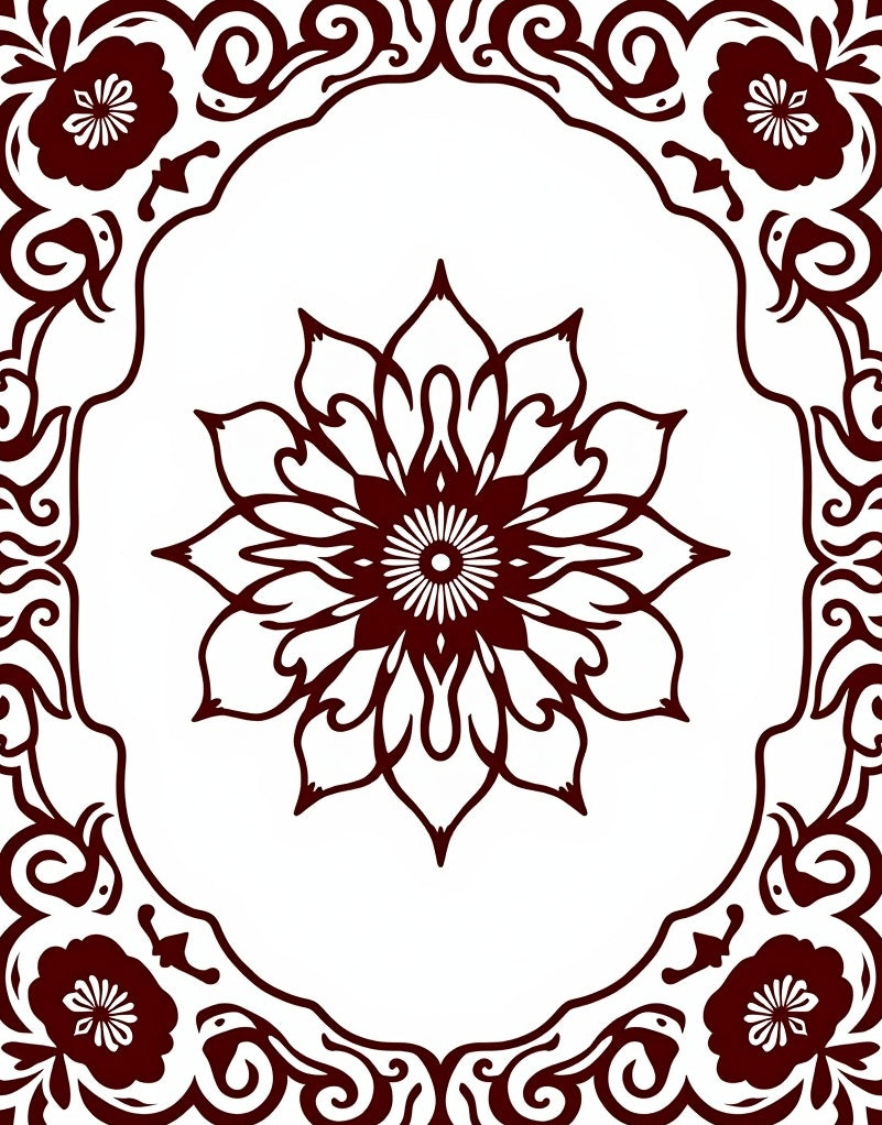 Deep Red Floral Medallion Frame Rug