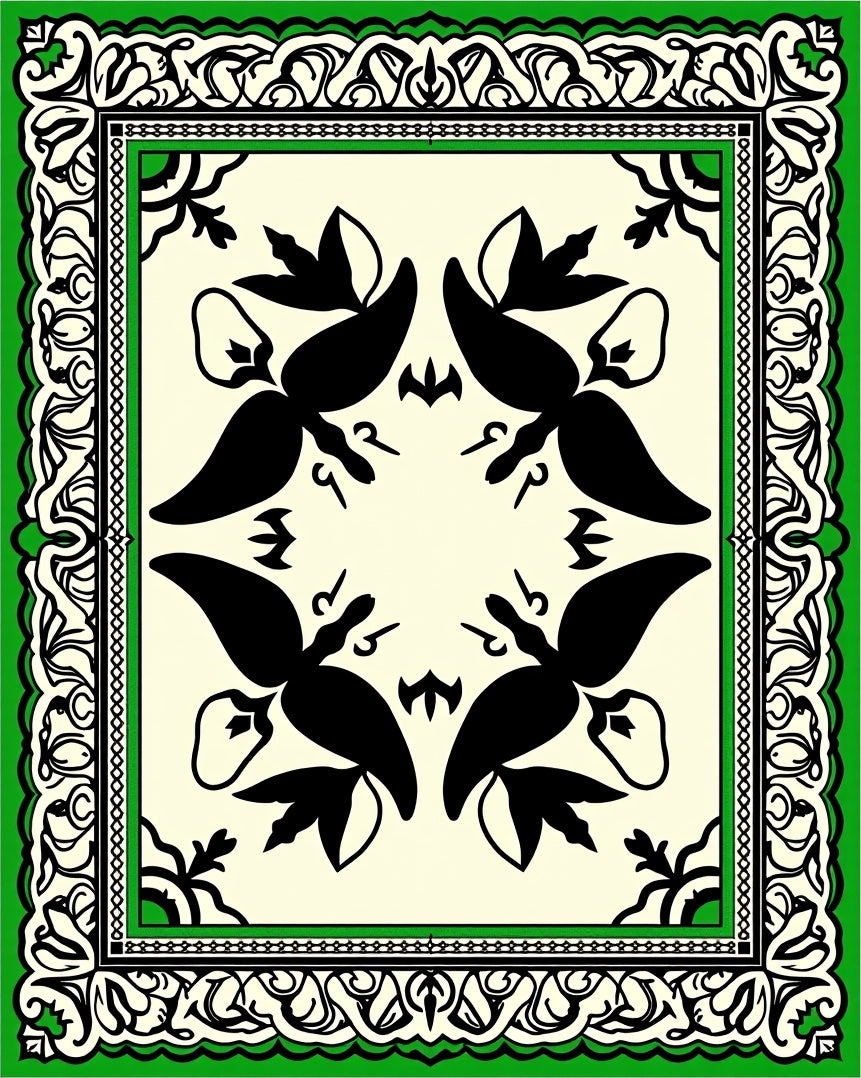 Black Green Ivory Floral Scroll Rug