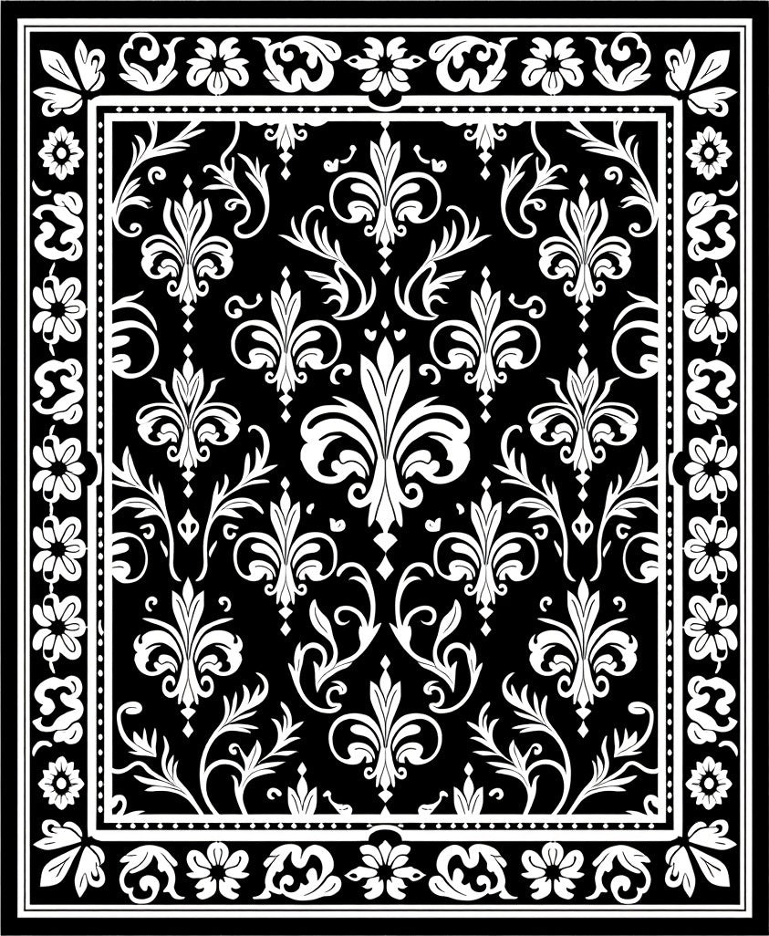 Black White Damask Fleur De Lis Frame Rug