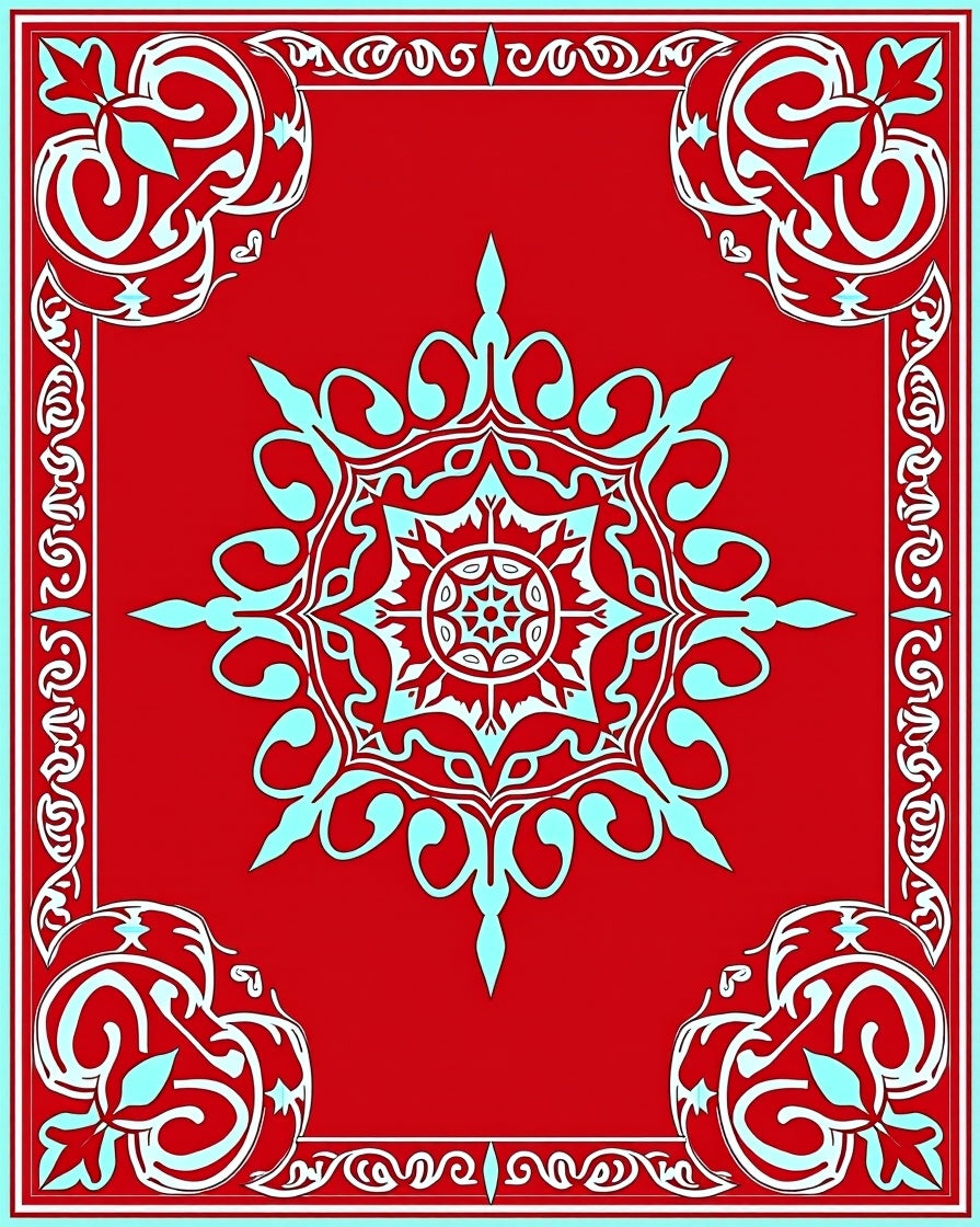Crimson Sky Blue Floral Medallion Border Rug