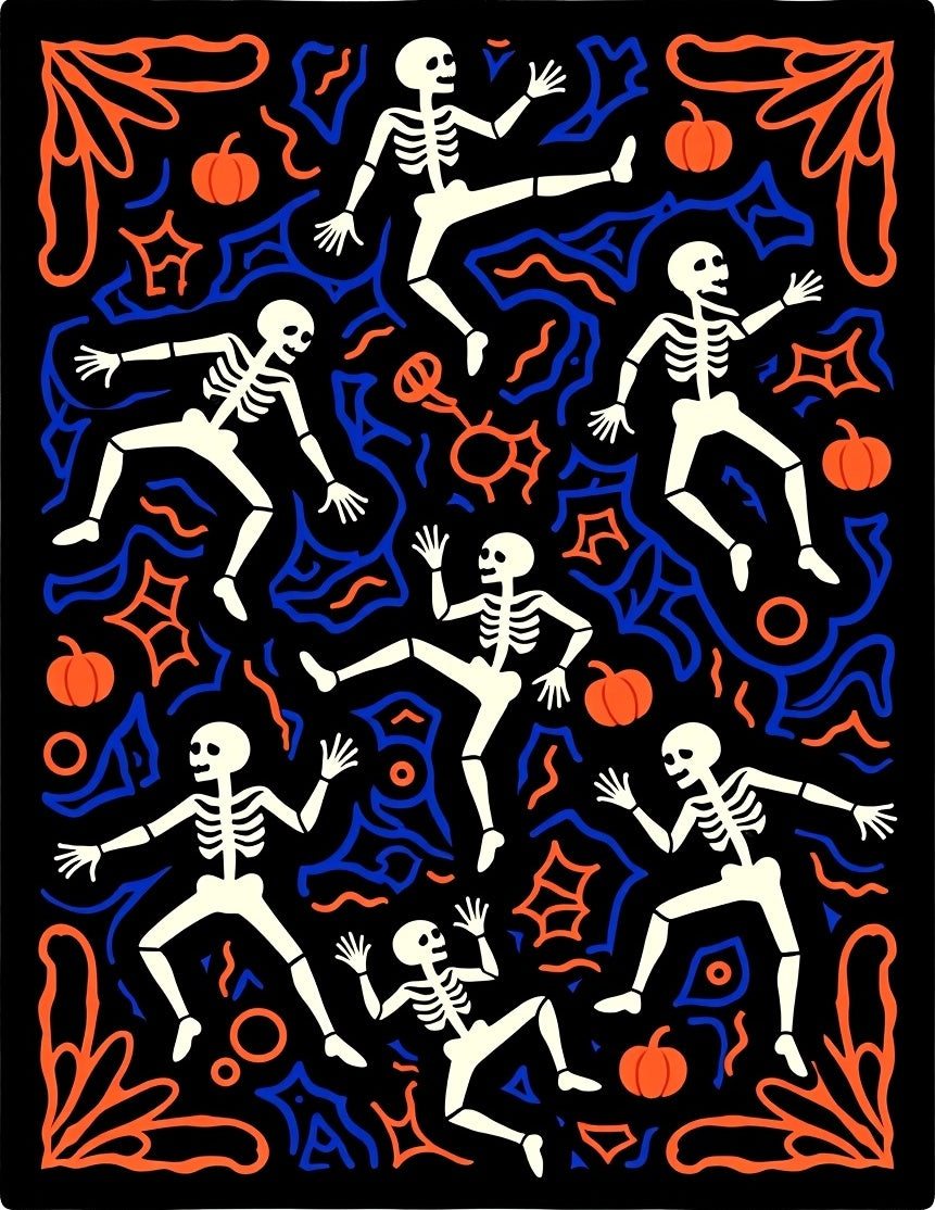 Dancing Skeletons Orange Blue Black Rug