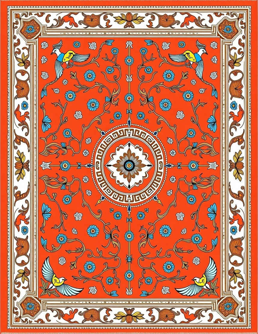 Vibrant Orange Bird Floral Medallion Rug