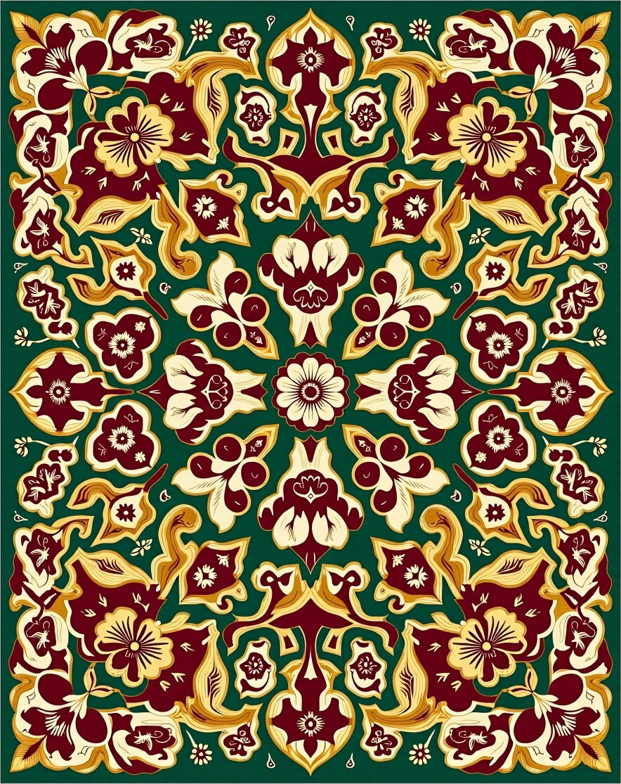 Rich Maroon Floral Arabesque Ensemble Rug
