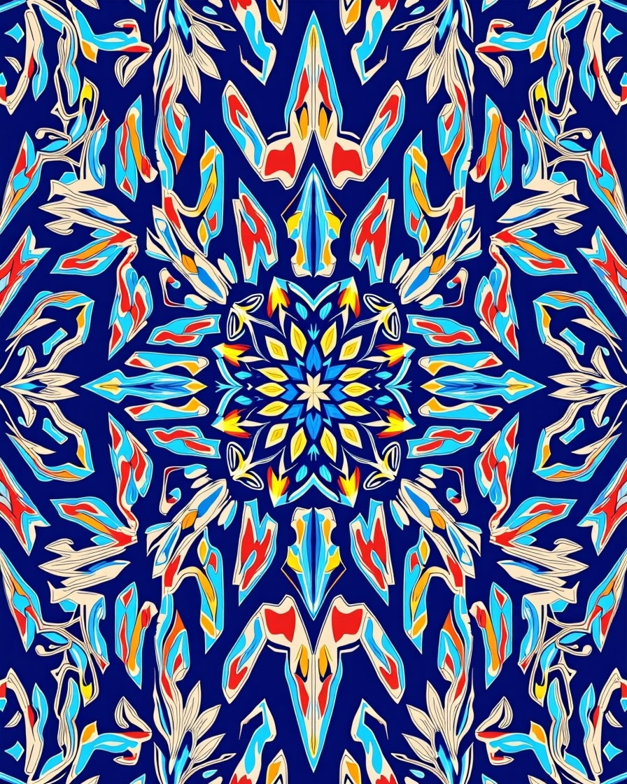 Vibrant Red Blue Yellow Kaleidoscope Rug