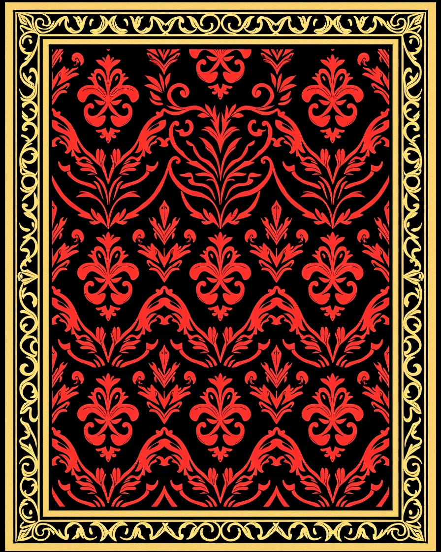 Bold Red Floral Damask Frame Rug