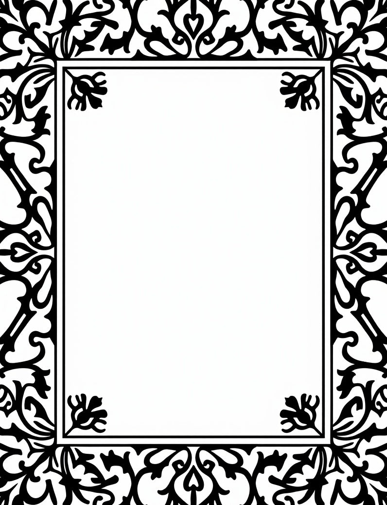 Ornate Black Floral Scroll Border Rug