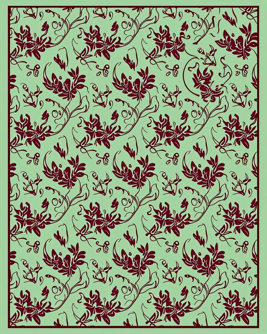 Maroon Floral Vine Scroll Sage Rug
