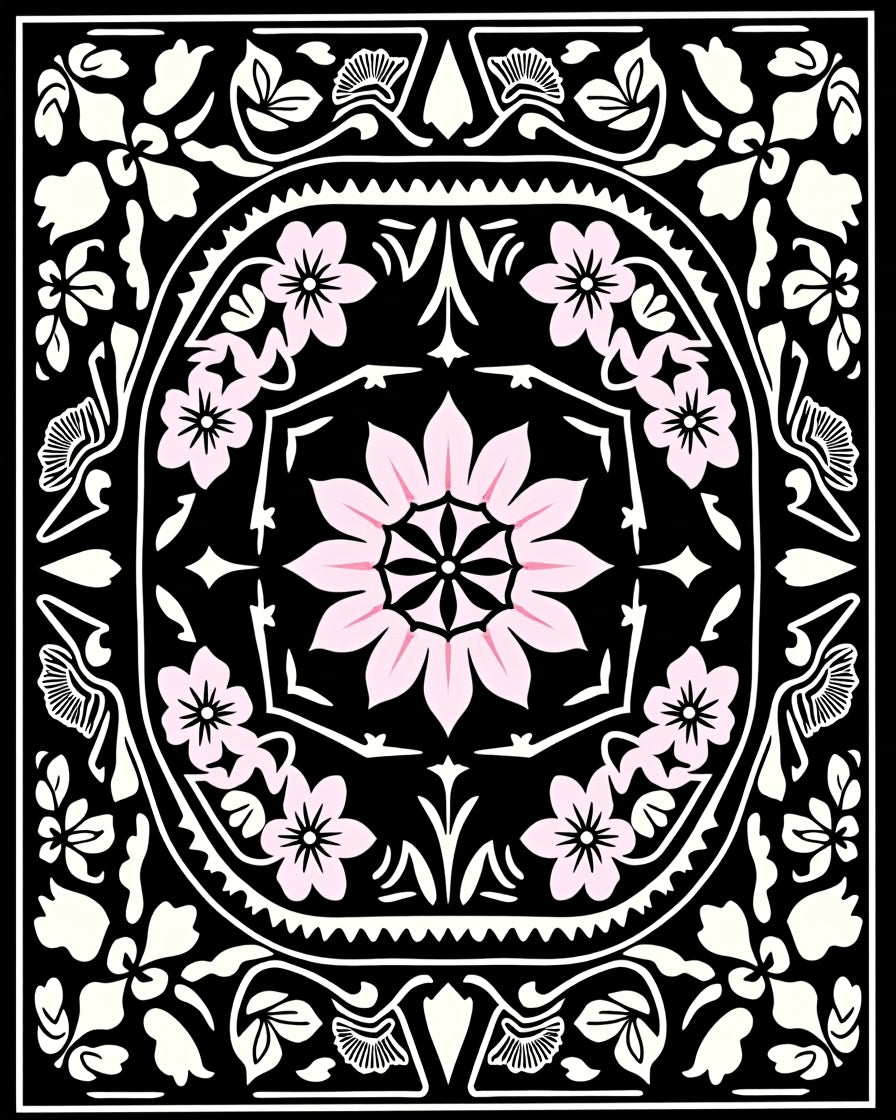 Blush Pink Floral Black Medallion Rug