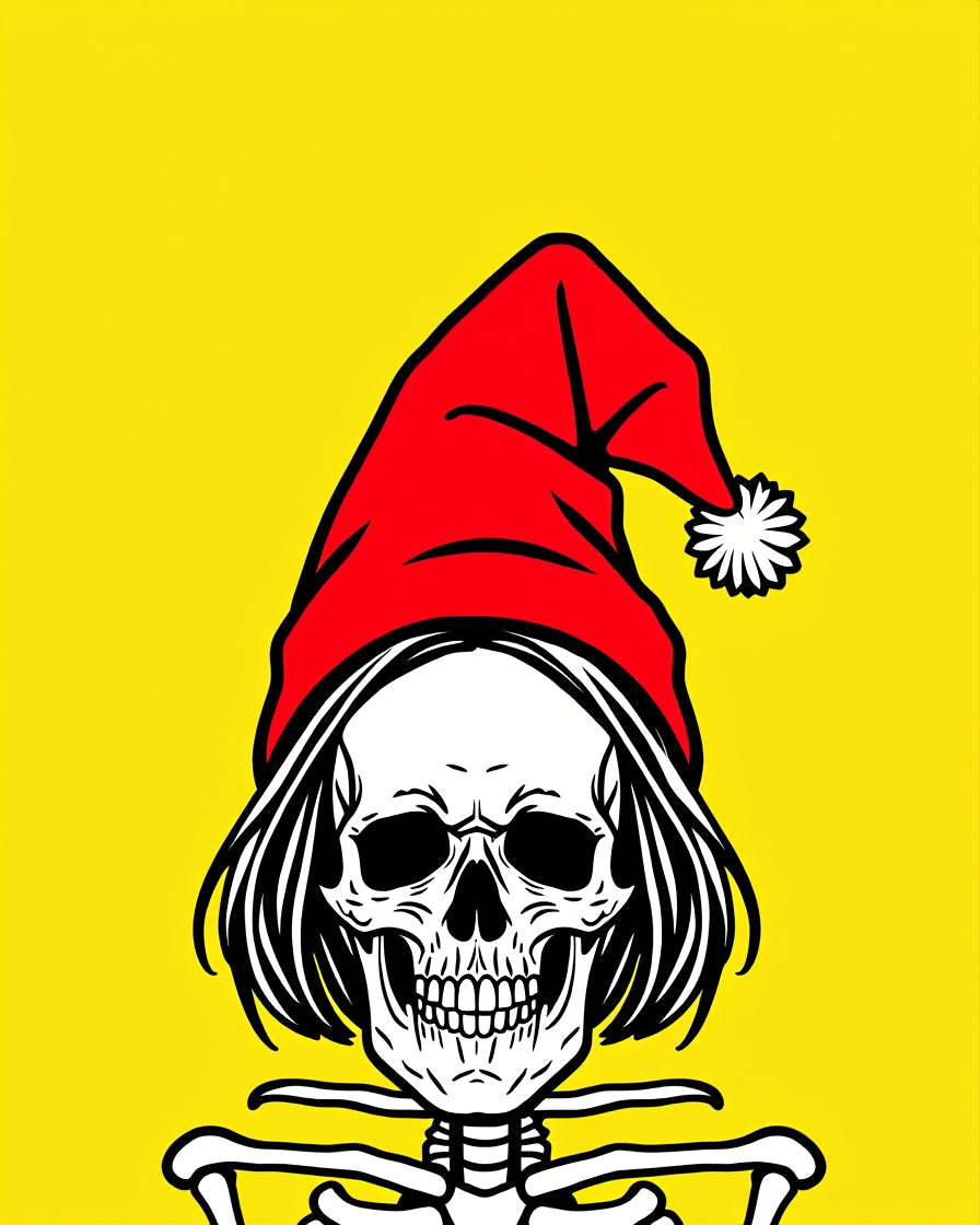 Whimsical Red Hat Skull Yellow Graphic Rug